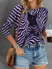 Women's Stripes Black Cat Print Casual Long Sleeve Shirt vetvanguards