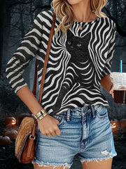 Women's Stripes Black Cat Print Casual Long Sleeve Shirt vetvanguards
