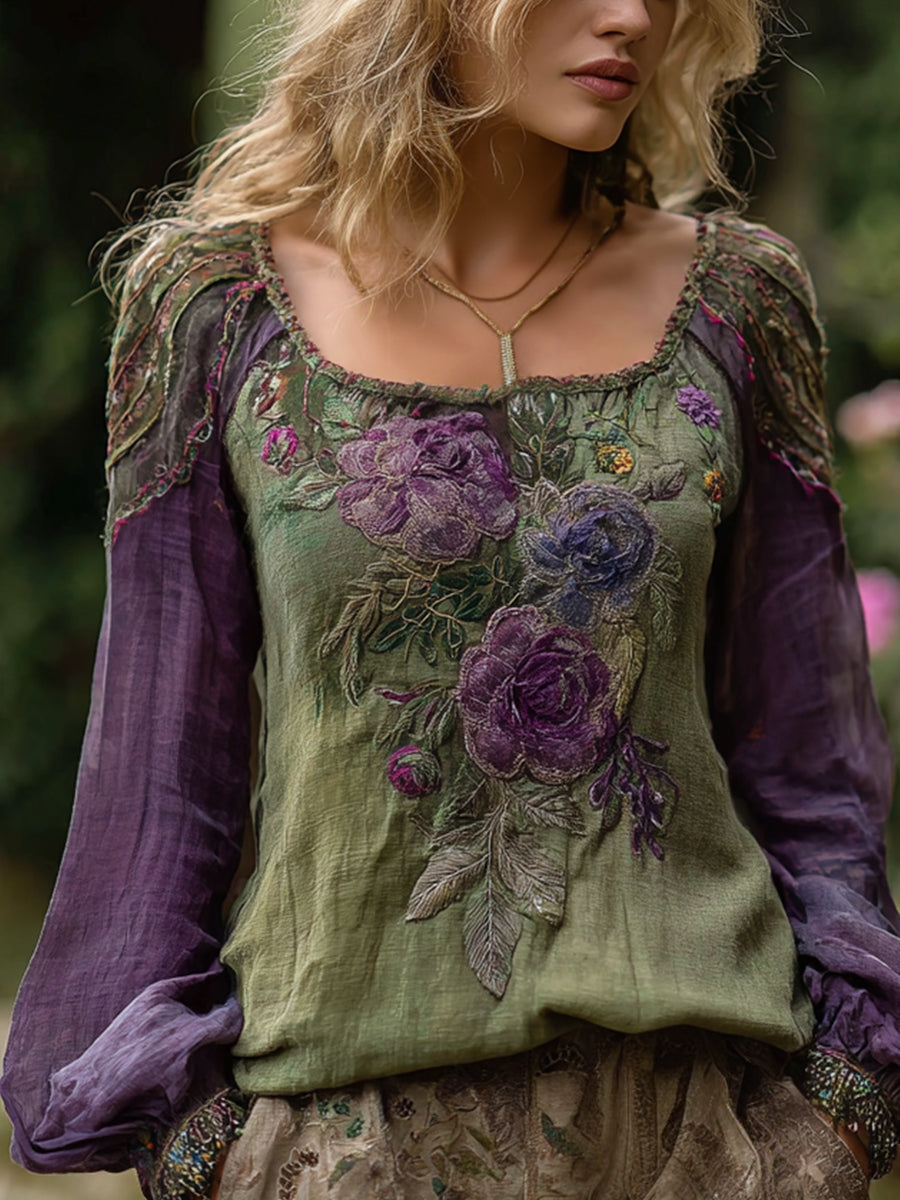 Women's Vintage Elegant Floral Embroidered Linen Shirt vetvanguards