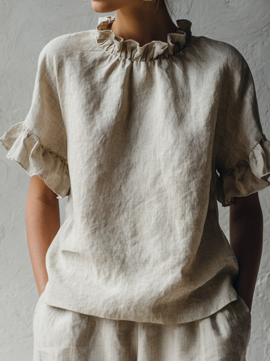 Women's Simple Ruffled Linen Shirt vetvanguards
