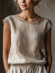 Women's Elegant Lace Patchwork Linen Shirt vetvanguards