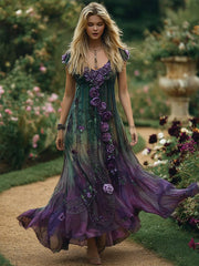 Women's Floral Embroidered Contrast Color Linen Maxi Dress vetvanguards