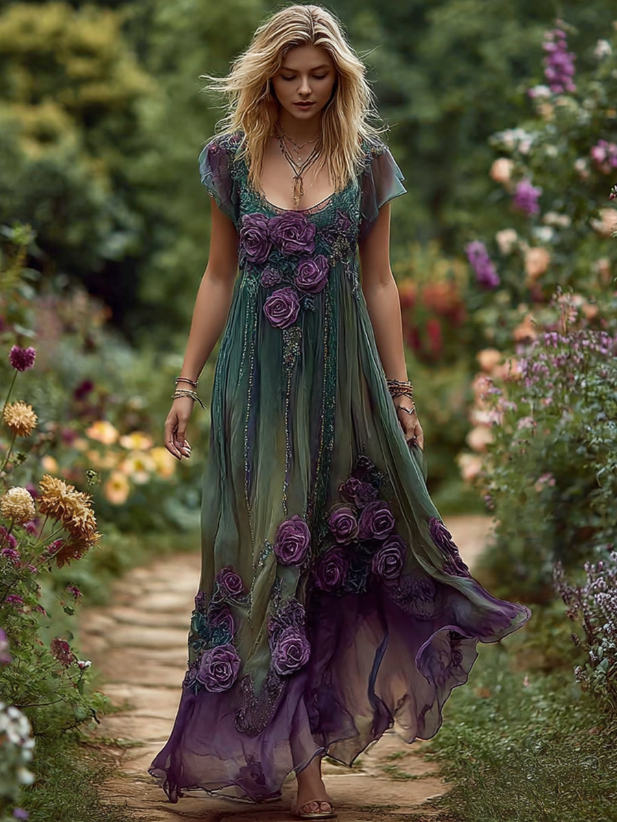 Women's Elegant Floral Embroidered Linen Maxi Dress vetvanguards