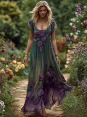 Women's Elegant Floral Embroidered Linen Maxi Dress vetvanguards