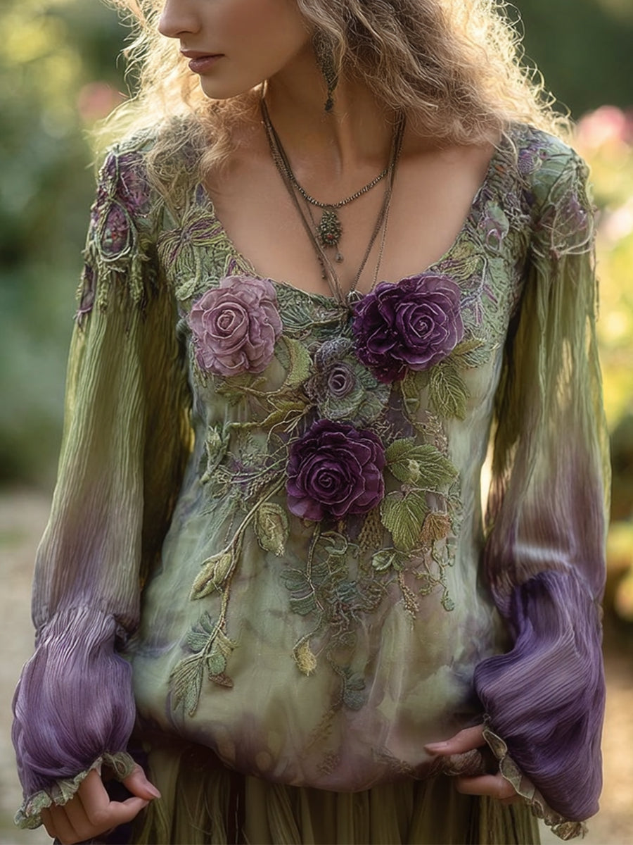 Women's Elegant Floral Embroidered Vintage Shirt vetvanguards