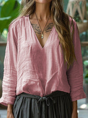 Women's Simple Solid Linen V-Neck Shirt vetvanguards