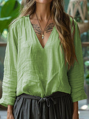 Women's Simple Solid Linen V-Neck Shirt vetvanguards