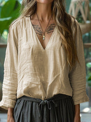 Women's Simple Solid Linen V-Neck Shirt vetvanguards