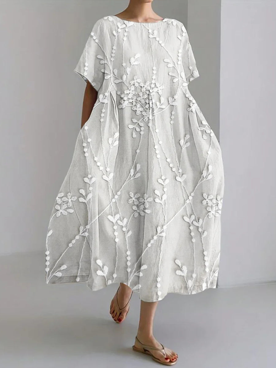 Women's Elegant Floral Embroidered Linen Dress vetvanguards