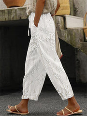 Women's Elegant Floral Embroidered Linen Pants vetvanguards