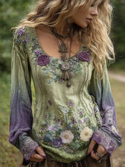 Women's Vintage Elegant Floral Embroidered Linen Shirt vetvanguards