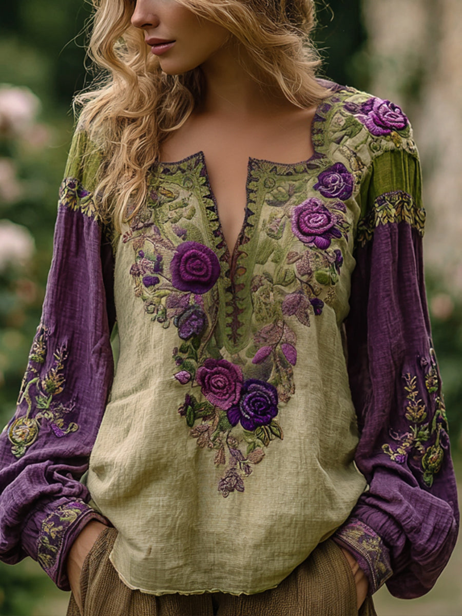 Women's Vintage Elegant Floral Embroidered Linen Shirt vetvanguards