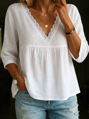 Women's Elegant Lace Patchwork Linen Shirt vetvanguards