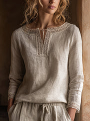 Women's Vintage Lace Patchwork Linen Shirt vetvanguards