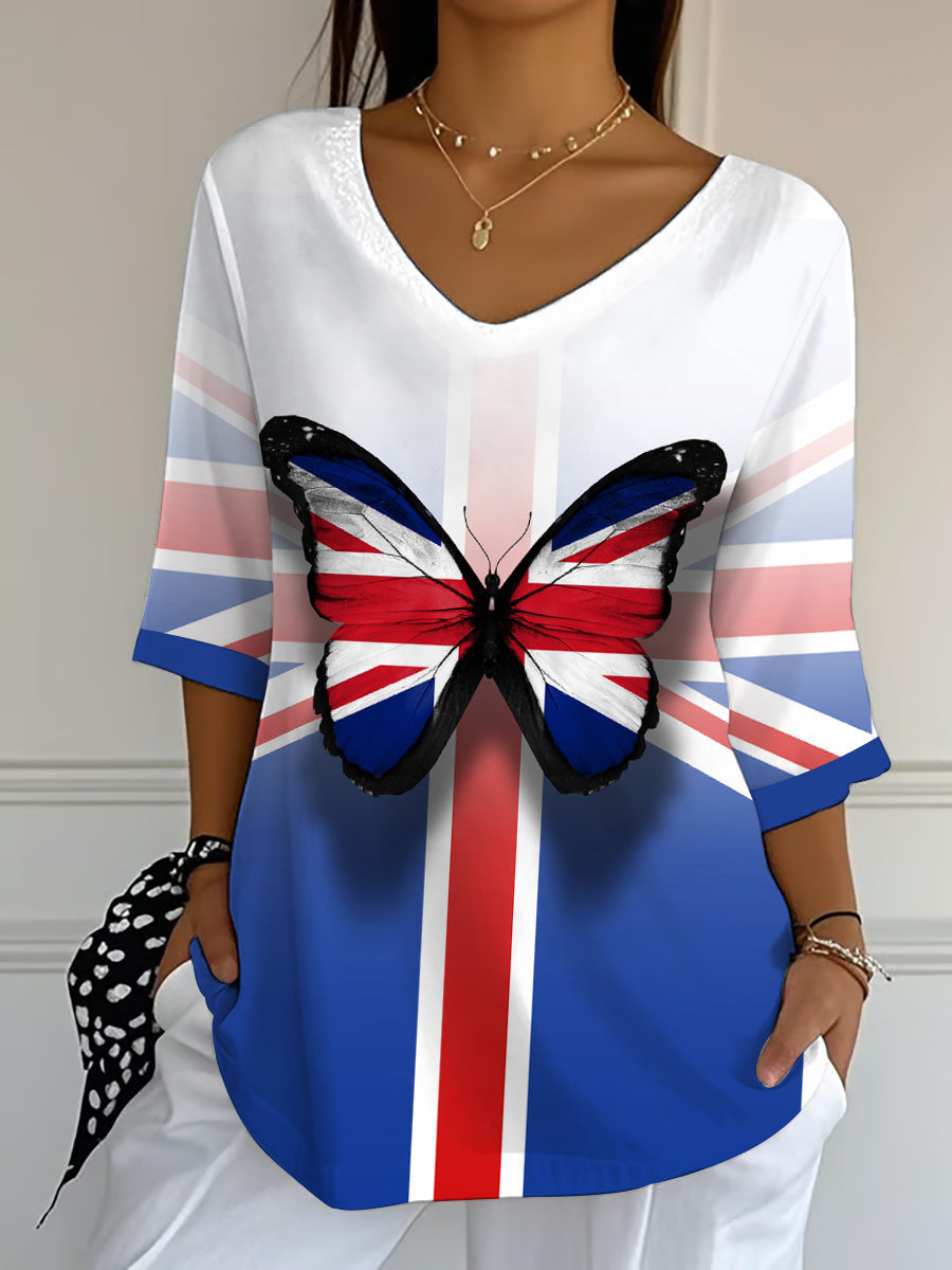 Women's Union Jack Butterfly Print Crop Sleeve Top vetvanguards