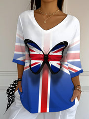 Women's Union Jack Butterfly Print Crop Sleeve Top vetvanguards