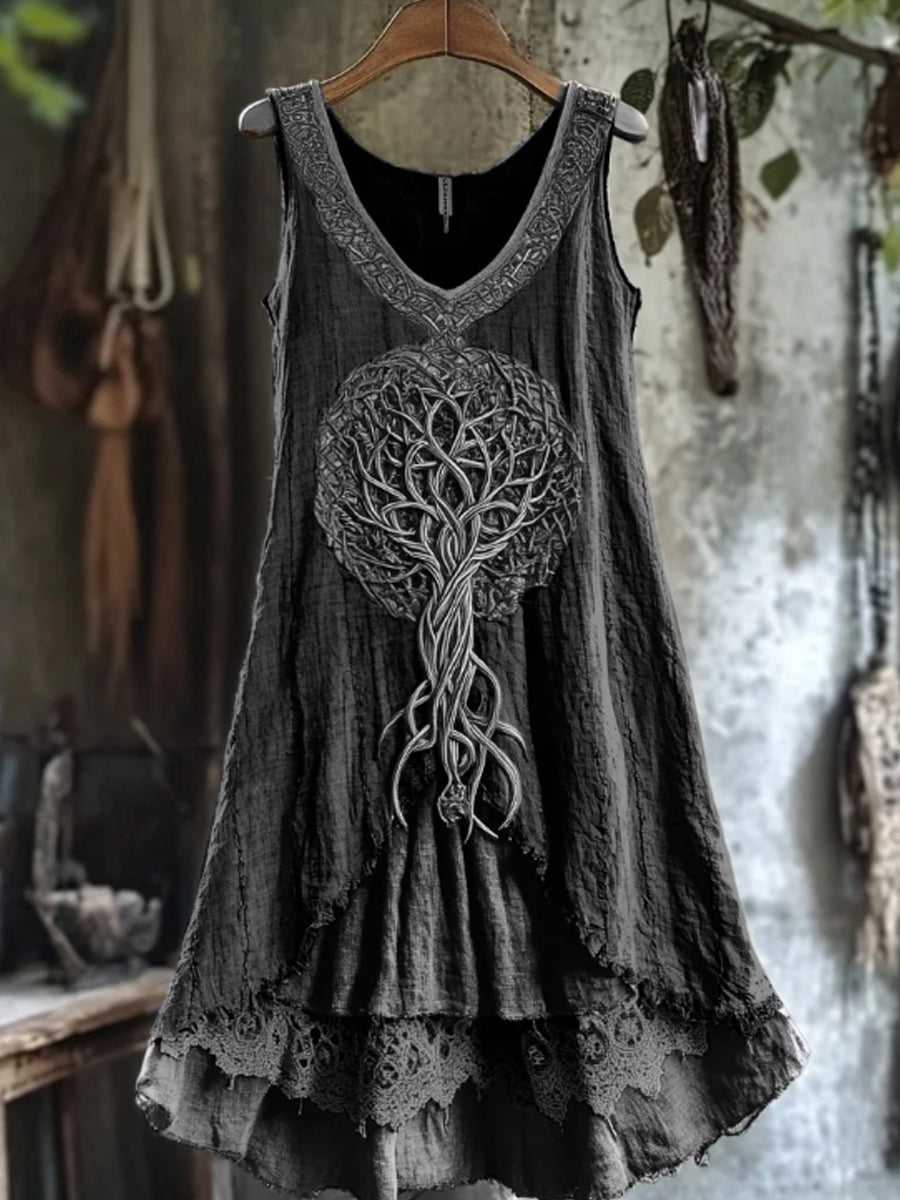 Women's Tribal Tree Of Life Lace Patchwork Art Linen Tank Dress vetvanguards