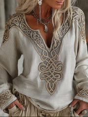 Women's Vintage Viking Celtic Knot Embroidered Art Cozy Linen Shirt vetvanguards