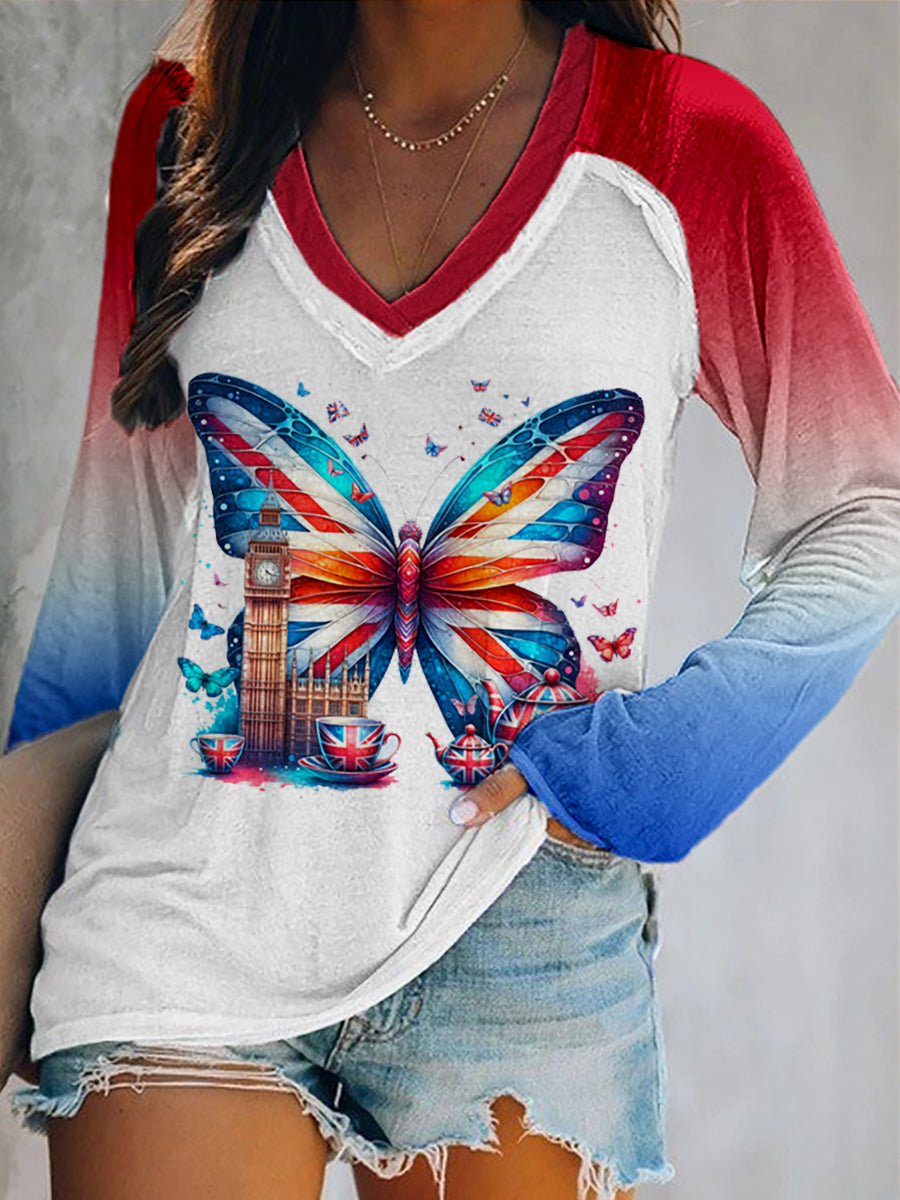 Women's Union Jack Butterfly Double Layer Neck Long Sleeve T-Shirt vetvanguards