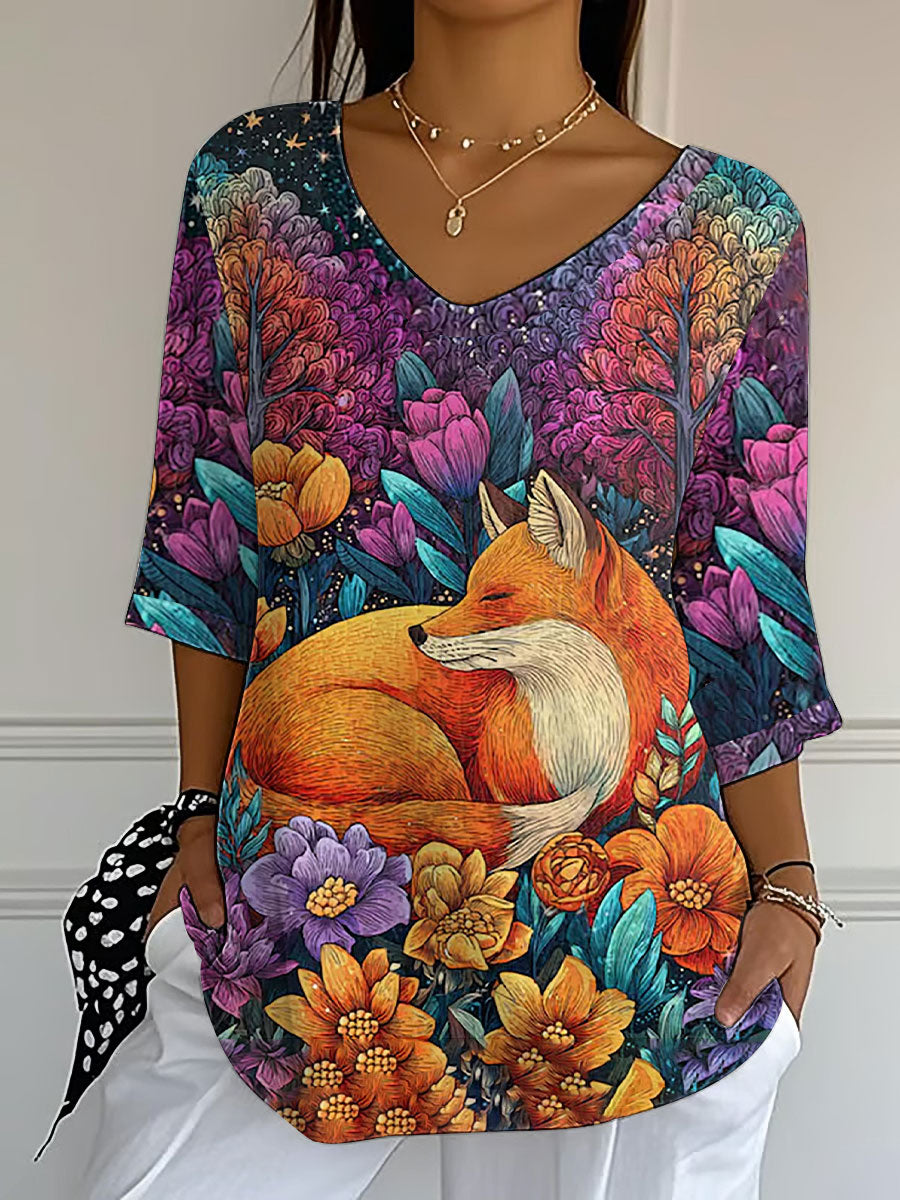 Women's Fall Leaf Fox Printed V-Neck Top vetvanguards