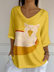 Women's Cute Cat Art Print Top vetvanguards