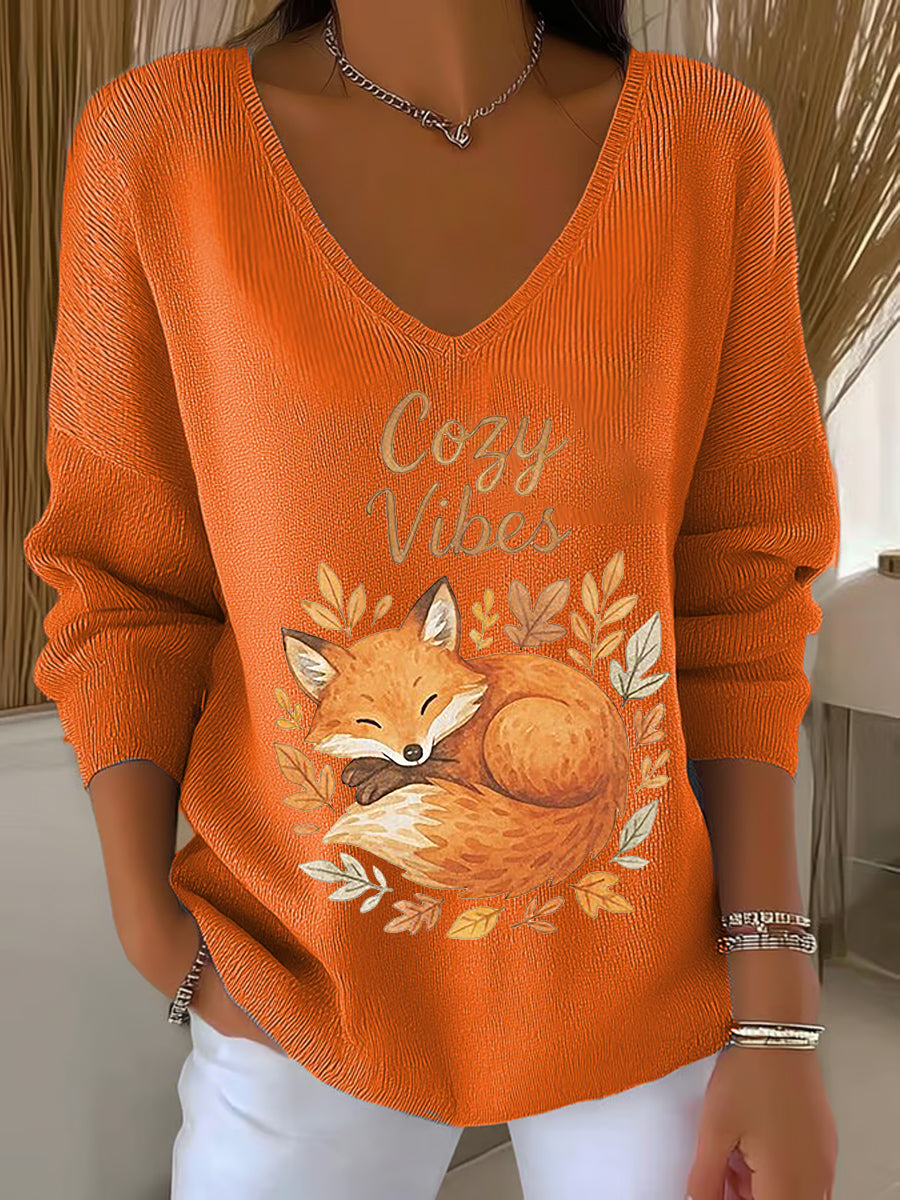 Women's Fall Leaf Fox Printed V-Neck Top vetvanguards