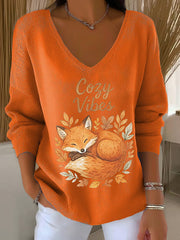 Women's Fall Leaf Fox Printed V-Neck Top vetvanguards