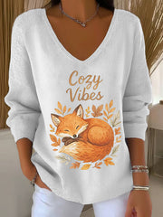 Women's Fall Leaf Fox Printed V-Neck Top vetvanguards