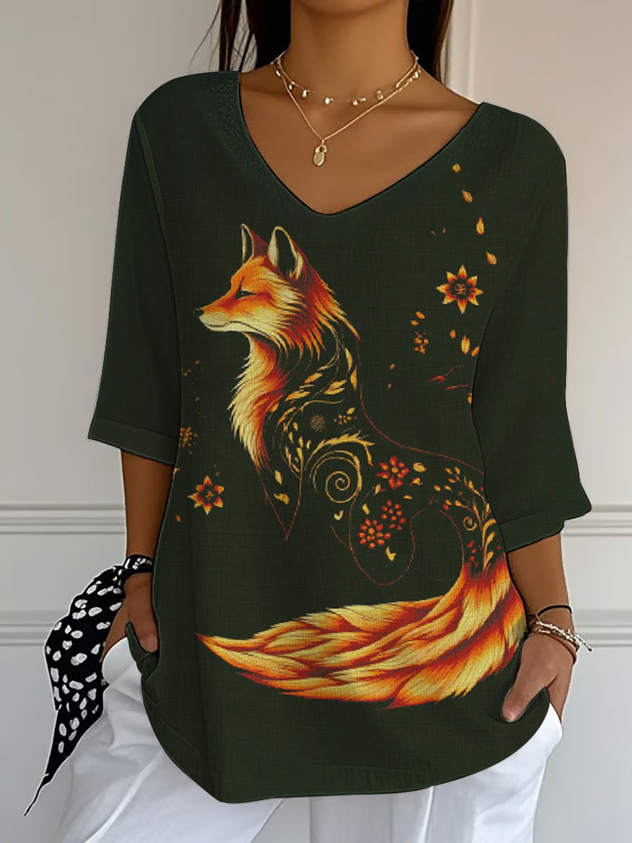 Women's Fall Leaf Fox Printed V-Neck Top vetvanguards
