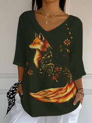 Women's Fall Leaf Fox Printed V-Neck Top vetvanguards