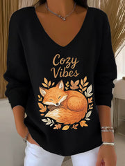 Women's Fall Leaf Fox Printed V-Neck Top vetvanguards