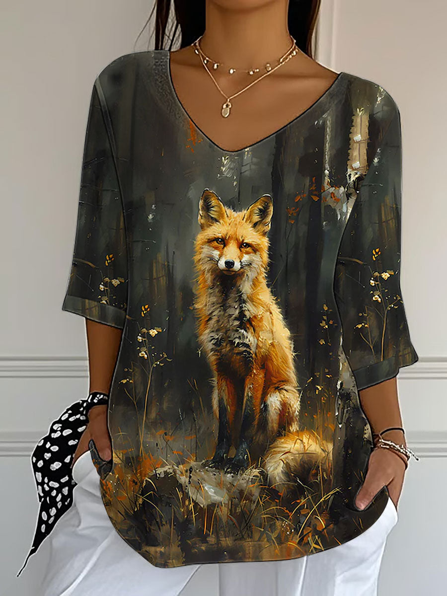 Women's Fall Leaf Fox Printed V-Neck Top vetvanguards