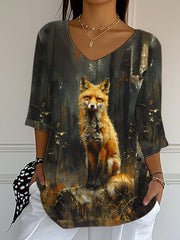 Women's Fall Leaf Fox Printed V-Neck Top vetvanguards