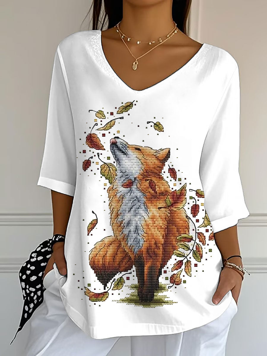 Women's Fall Leaf Fox Printed V-Neck Top vetvanguards