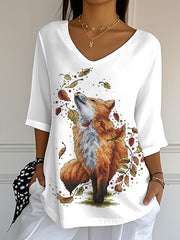 Women's Fall Leaf Fox Printed V-Neck Top vetvanguards