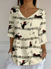 Women's Music Note & Cats Print Top vetvanguards
