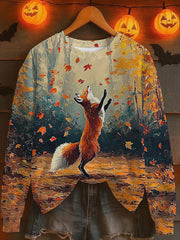 Women's Fall Leaf Fox Printed Long Sleeve Sweatshirt vetvanguards
