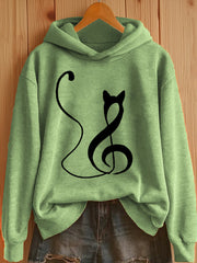 Women's Music Note Inspired Cat Print Hoodie vetvanguards