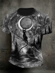 Men's Halloween Black Cat Print T-Shirts vetvanguards