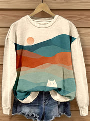Women's Cat Landscape Art Print Sweatshirt vetvanguards