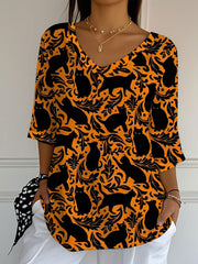 Women's Black Cat Print Casual T-shirt vetvanguards