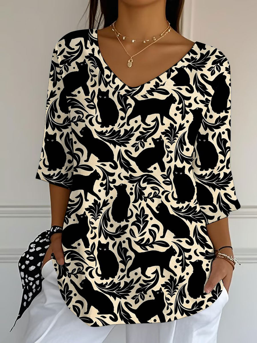 Women's Black Cat Print Casual T-shirt vetvanguards
