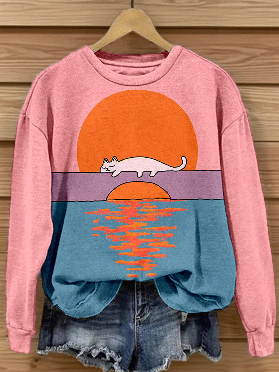Women's Cute Cat Landscape Art Print Sweatshirt vetvanguards