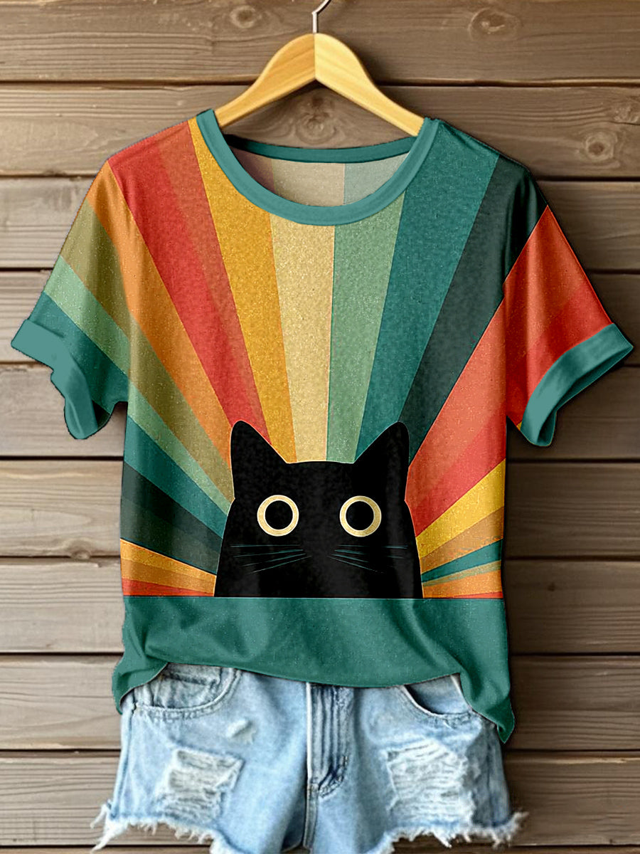 Women's Vintage Striped & Cat Print T-Shirt vetvanguards