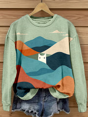 Women's Funny Cat Landscape Art Print Sweatshirt vetvanguards