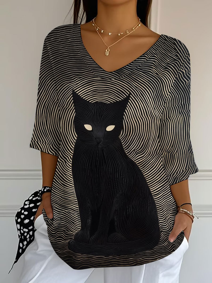 Women's Black Cat Print Casual T-shirt vetvanguards