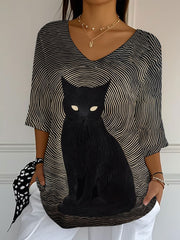 Women's Black Cat Print Casual T-shirt vetvanguards