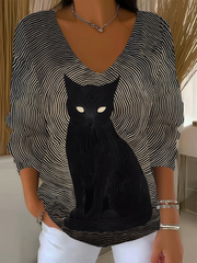 Women's Black Cat Print Casual Top vetvanguards