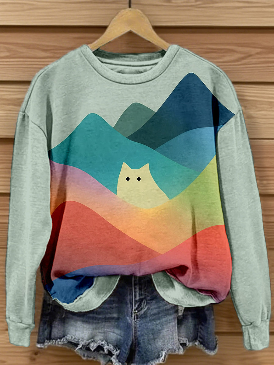 Women's Funny Cat Landscape Art Print Sweatshirt vetvanguards