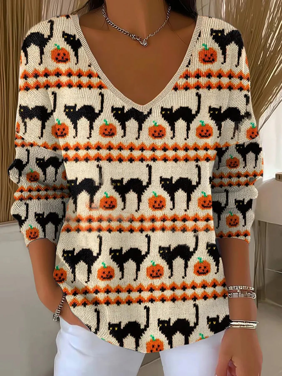 Women's Black Cat Print Casual Top vetvanguards